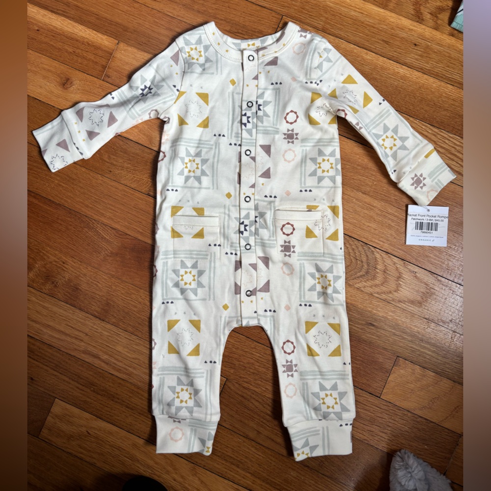 Baby Geometric Print Footed One-Piece - Cream with Yellow & Gray